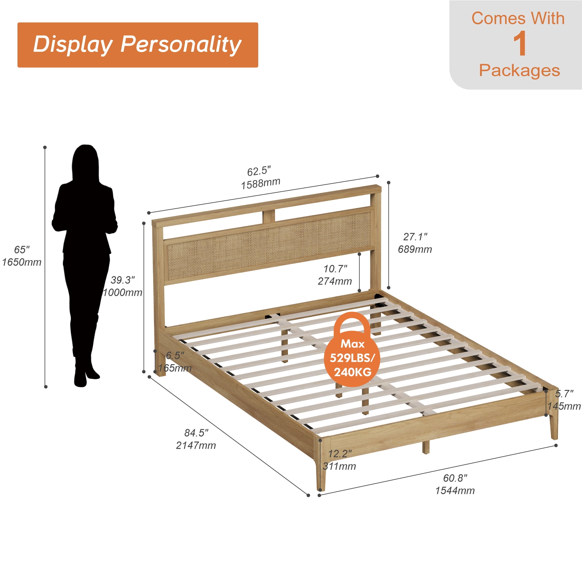3-Piece Bedroom Set, Queen Bed Frame with Rattan Headboard & 2 Nightstand,Oak