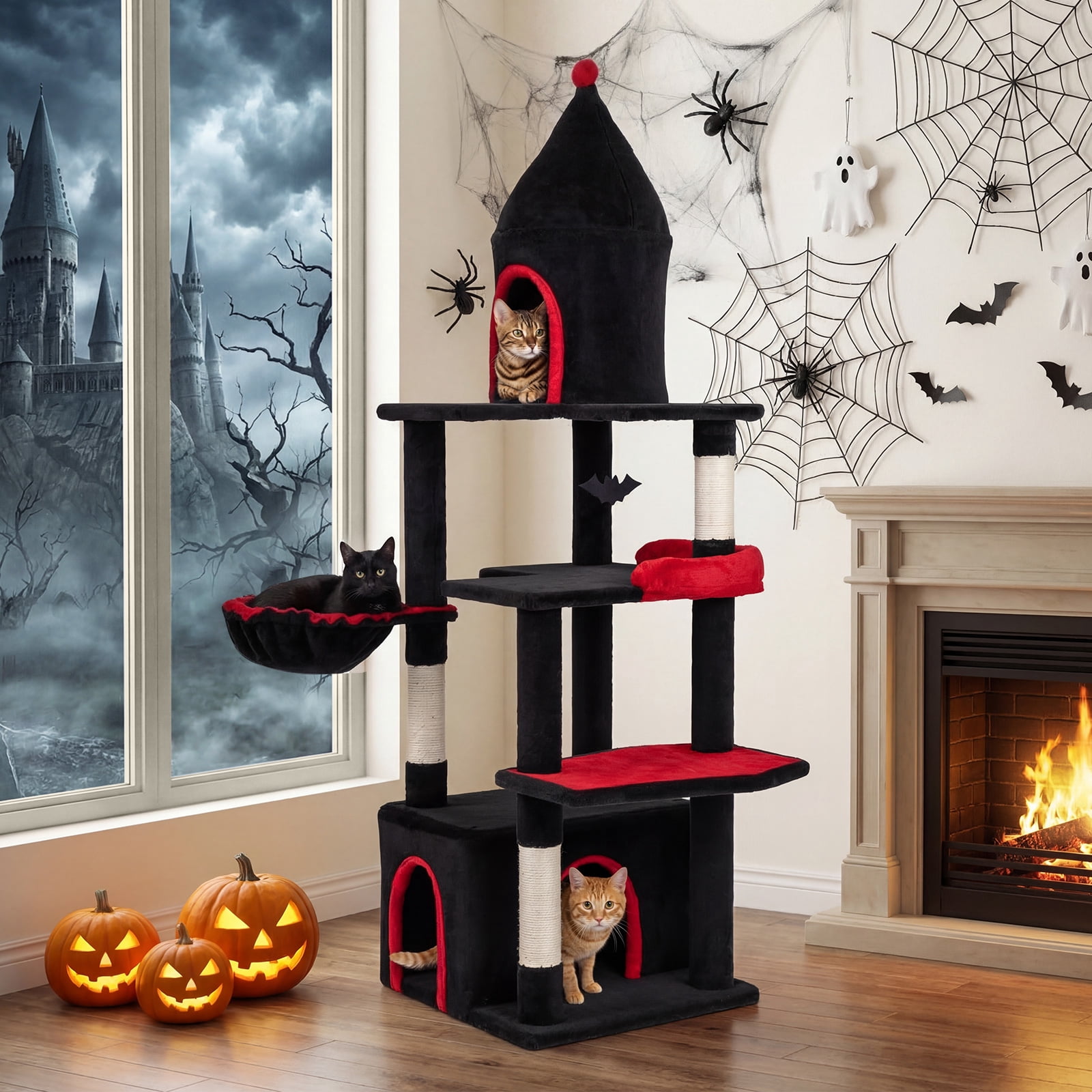 Gymax 63'' Gothic Cat Tree w/ Condo Top Cave Sisal Scratching PostsBat Hanging Toy