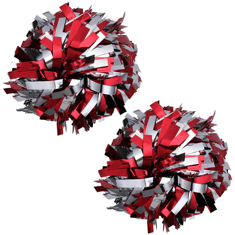 Metallic Cheer Pom Poms Cheerleading Cheerleader Gear 2 pieces one pair  poms(Red/Silver)