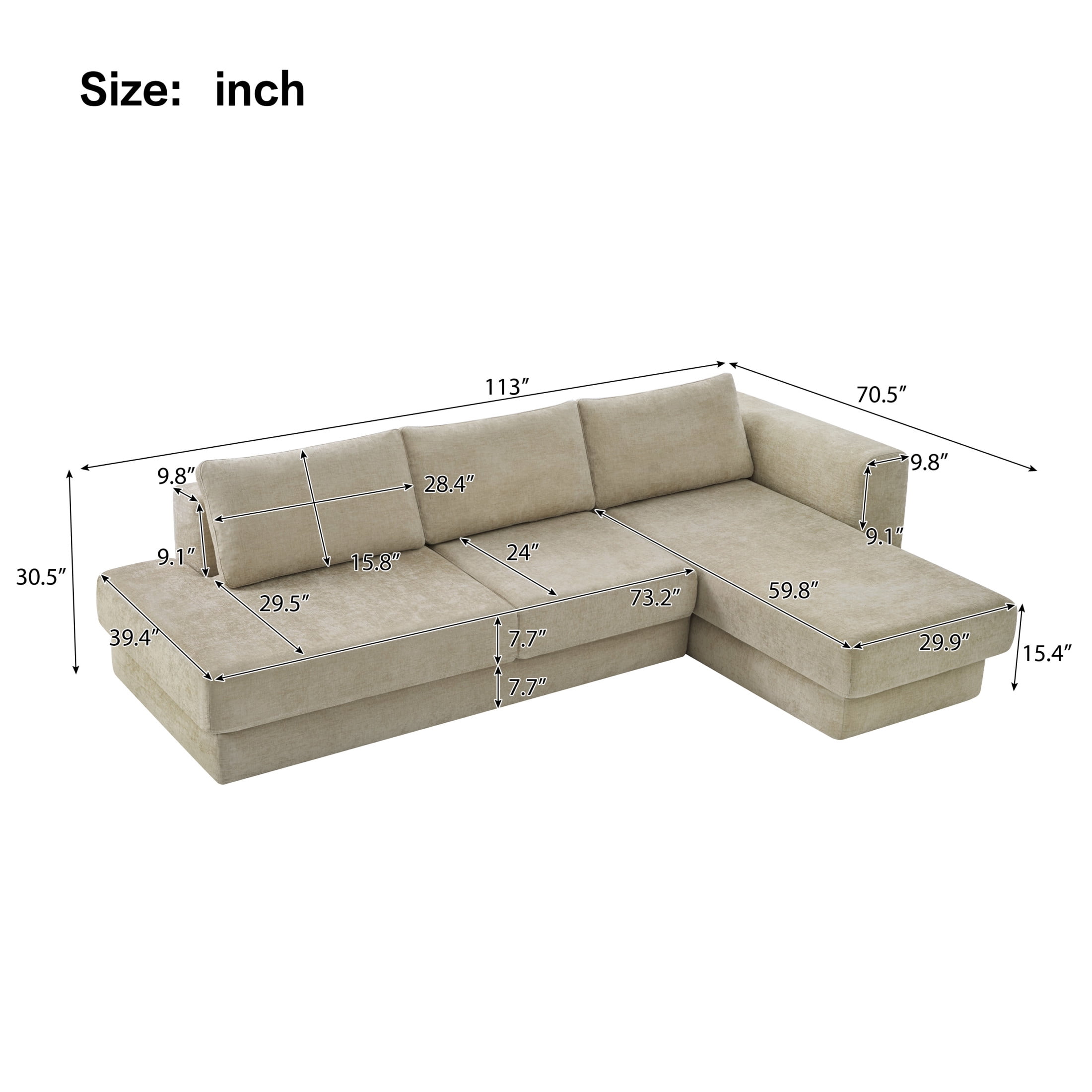 Christopher Knight Home 113" L-Shaped Modular Sectional Sofa with Double Layer Cushions, 4 Seats, Brown