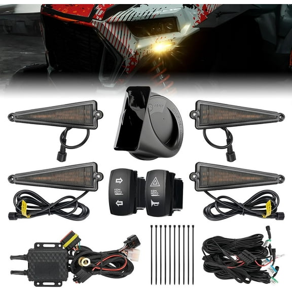 KEMIMOTO UTV Turn Signal Kit with 110D Horn, Pre-Wired, Plug and Play UTV ATV Blinker with Rocker Switch, Triangle Universal Street Legal Turn Signals Compatible with Polaris, Can-Am, Teryx, CFMOTO