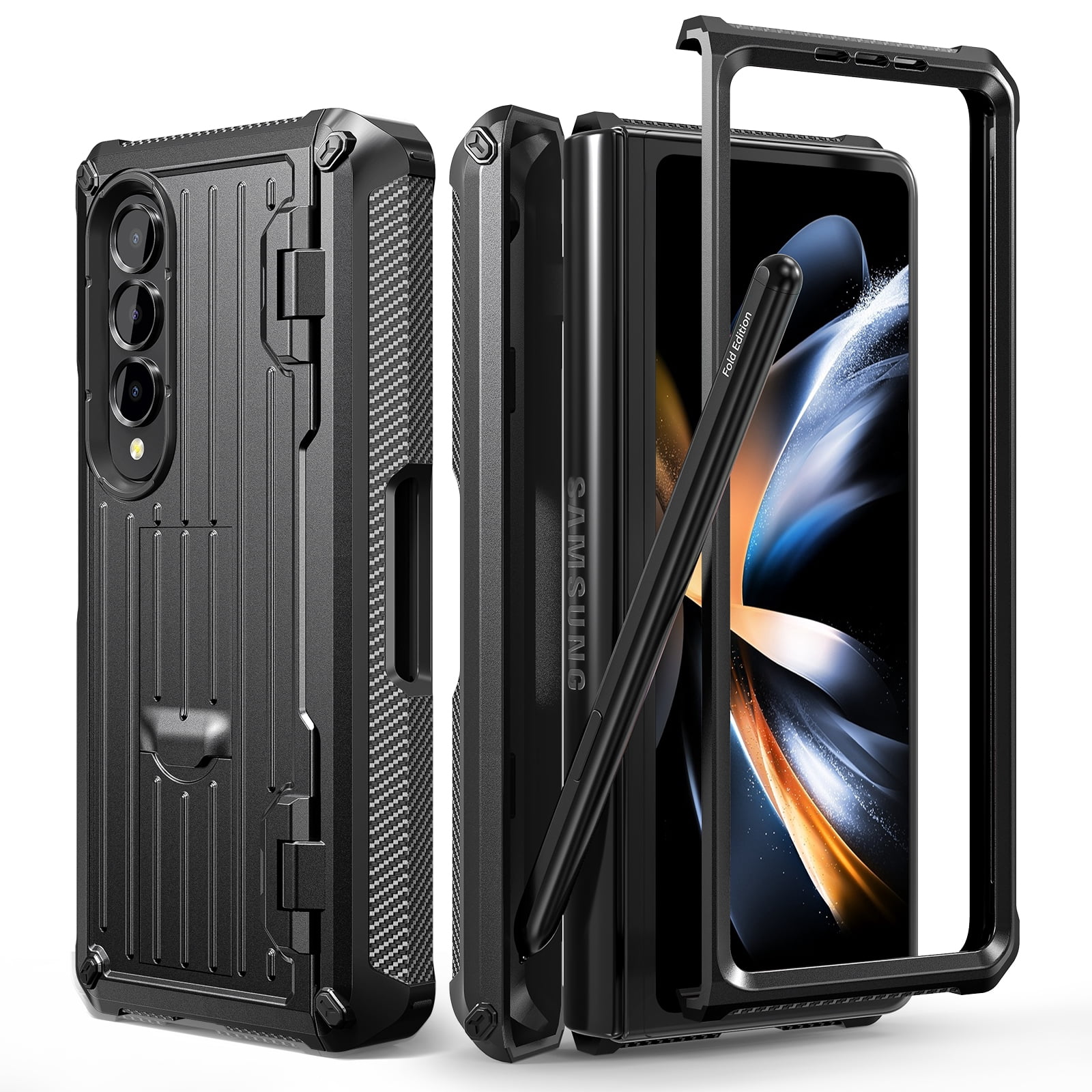 TECH CIRC Case for Samsung Galaxy Z Fold 4 Compatible with MagSafe, Heavy Duty Rugged PC Shockproof Hinge Protection Cover with Hidden Bracket Screen Protector S Pen Holder Galaxy Z Fold 4 Case,Black