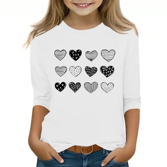 KyCheLot Girls 3/4 Sleeve T-Shirts Stretchy Crewneck Valentine's Day Breathable Pullover Tunic Tops for 3-13 Years