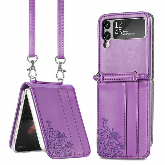 Z Flip 3 Case, Galaxy Z Flip 3 Wallet Case, Allytech Premium PU Leather Protection Wallet Case with Cards Holders Shoulder Strap Phone Cover Case for Samsung Galaxy Z Flip 3 2021 5G, Purple