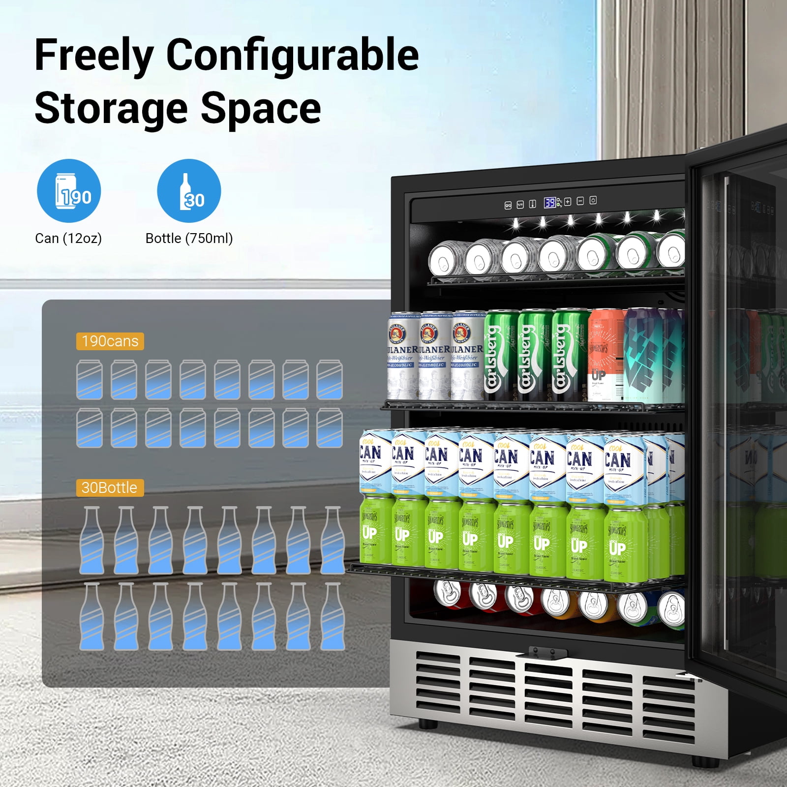 Friwest 24 Inch Beverage Refrigerator Cooler,190 Cans Wide Beverage and Beer Fridge with Glass Door and Powerful Cooling Compressor