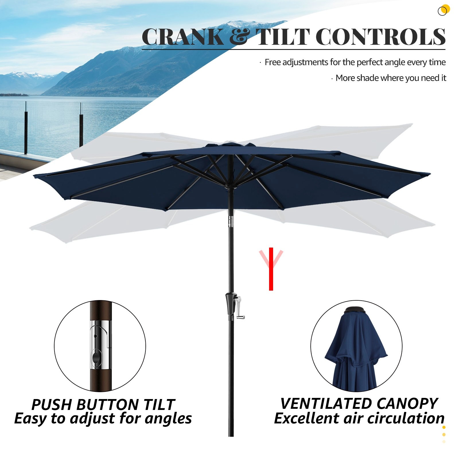 JUSTLET 10ft Patio Umbrella w/ Easy Crank & Tilt, 8-Rib Heavy-Duty Market Umbrella - Outdoor Umbrella for Backyard, Garden, Patio, Deck, Cafe, and Restaurant, Deck & Backyard - Navy Blue