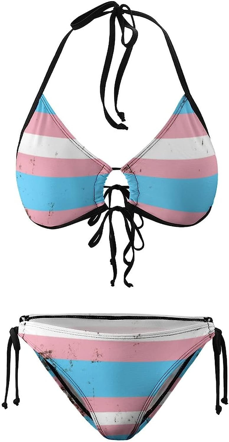 Transgender Flag Print Bikini Sets Halter Triangle Tie Side Two Piece Women Swimsuits