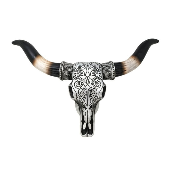 Tooled Silver Resin Bull Skull Wall Decor with Scrolls Design | Western Rustic Southwestern Home Accent | Faux Cow Skull Wall Art | Unique Animal Head Decor for Living Room or Ranch House 19.25" (L)
