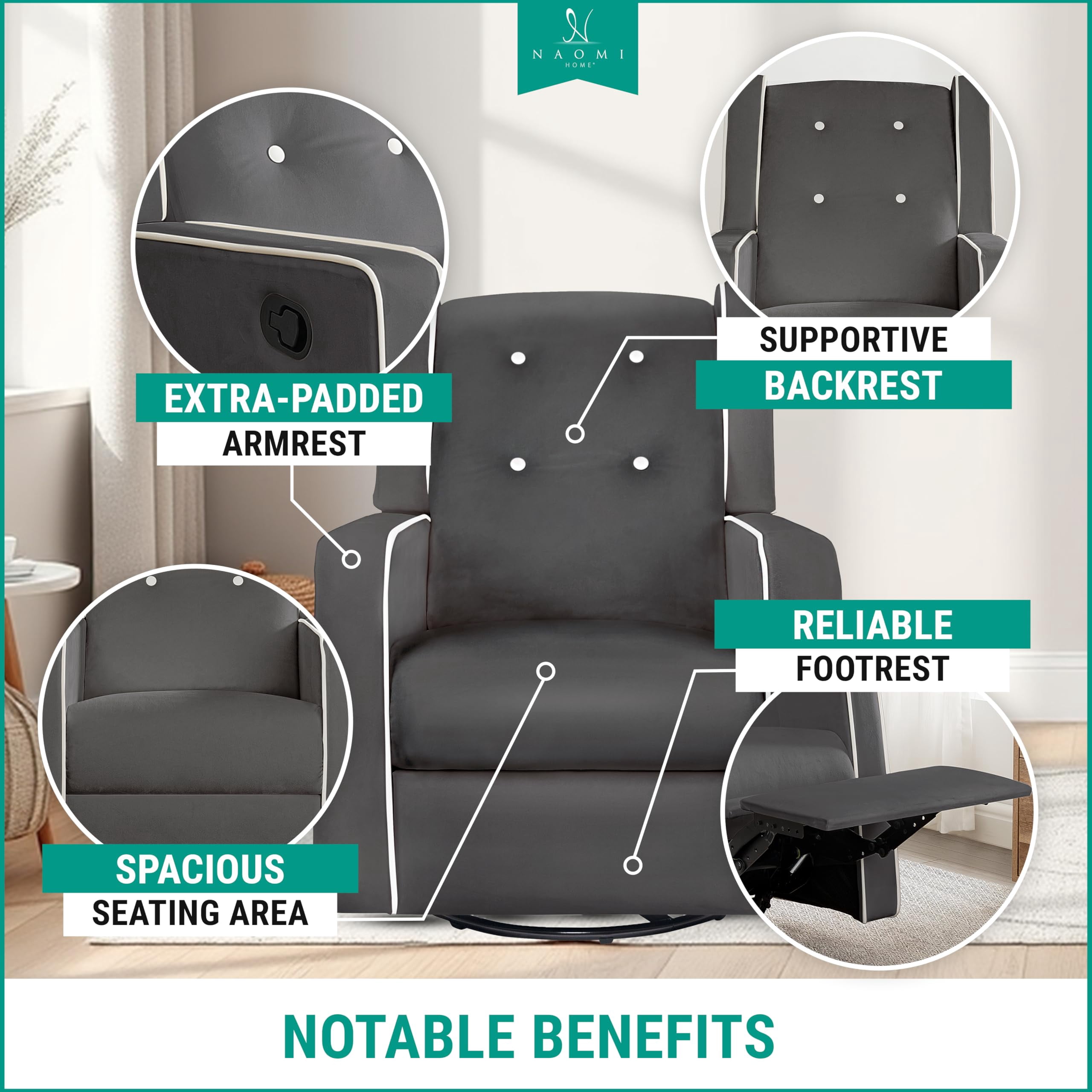 Relax and Bond with Your Baby in Style – Odelia 360° Swivel Glider Rocker Recliner for Nursery and Maternity | Plush Cushions, Gentle Rocking Motion, Soft Microfiber Upholstery - Gray