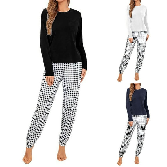YOIAVAIOY Women Pajama Sets Plaid Pant and Long Sleeve Tops Sleepwear Lounge Sets 2 Piece Sleepwear Soft Comfy Matching Pjs Set Black M