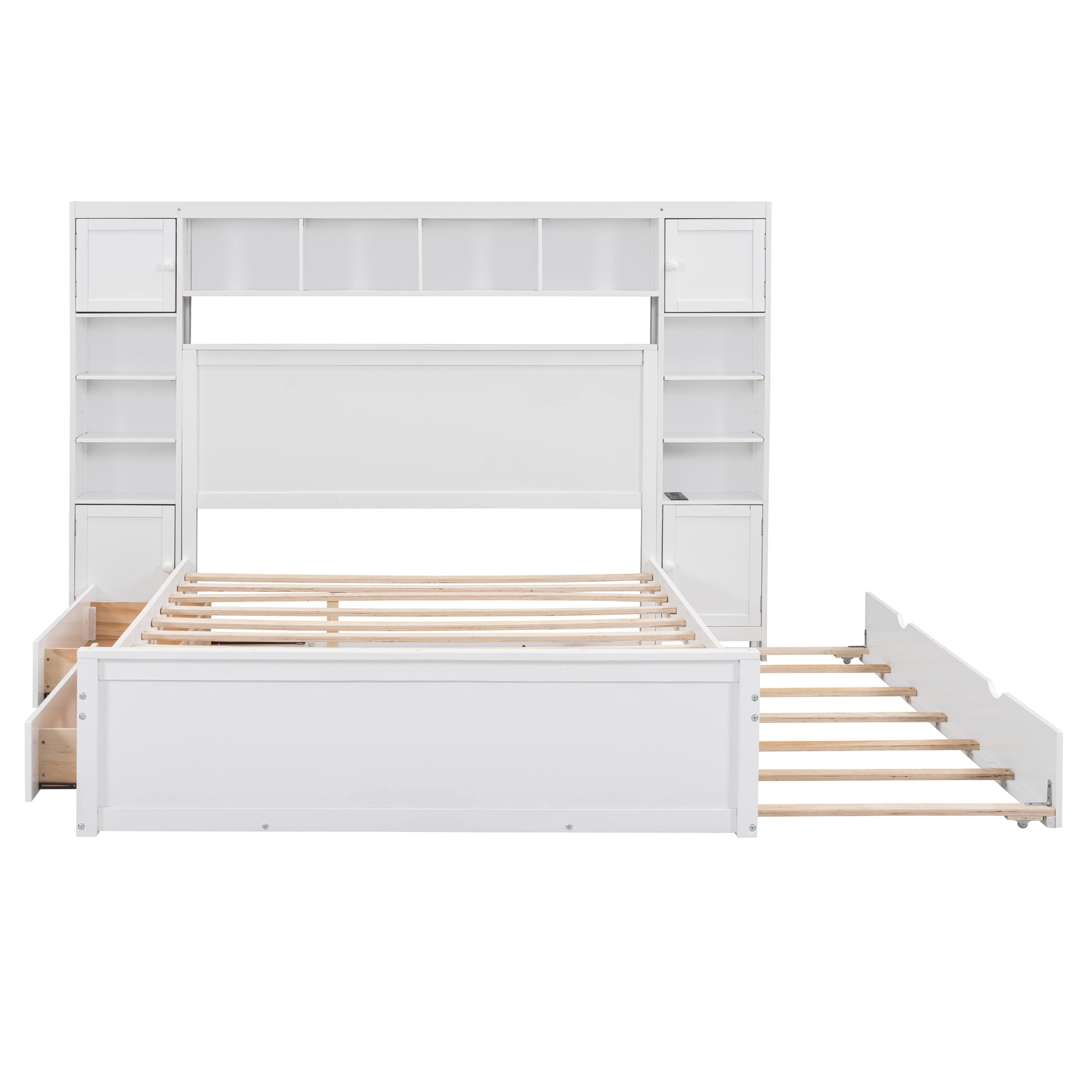 Aukfa Queen Size Bed Frame with All-in-One Cabinet and Shelves, Wooden Functional Bed with Trundle and Storage Drawers, USB Ports Outlets, White