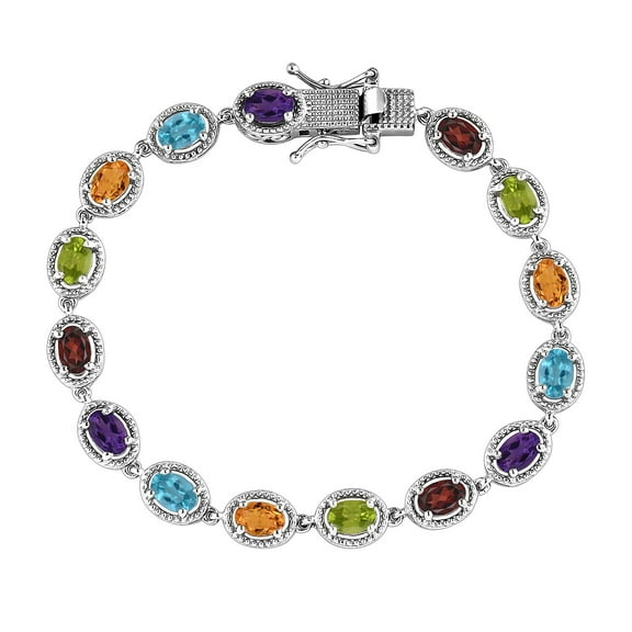 925 Sterling Silver Gemstone Link Tennis Bracelet for Women Platinum Plated Peridot Amethyst Topaz Citrine Garnet 7.25" Ct 6.8 Birthday Christmas Gifts for Women