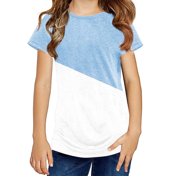 Langwyqu Girls Casual Short Sleeve T Shirts Kids Loose Tunic Tops Color Block Tee