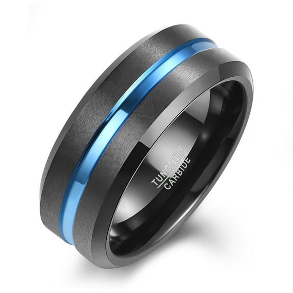 JQUEEN 8mm Beveled Edge Gunmetal Blue Groove Black Tungsten Wedding Ring for Men Size 7-13