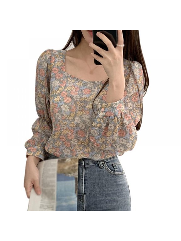 Women's Sexy Floral Shirt Square Collar Sweet Long Sleeves Chiffon Shirt Blouse Pink