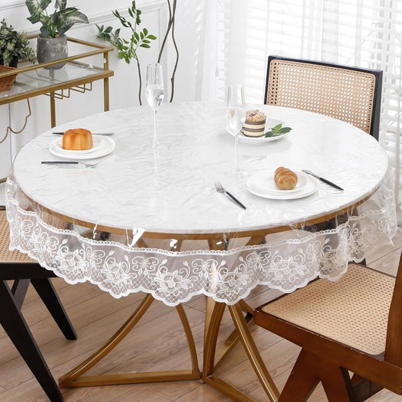 Sanlorige Clear Round Plastic Tablecloth Protector with Lace Around Waterproof Oil-Proof PVC Table Cloth Stain-Resistant Wipeable Table Cover for Round Table