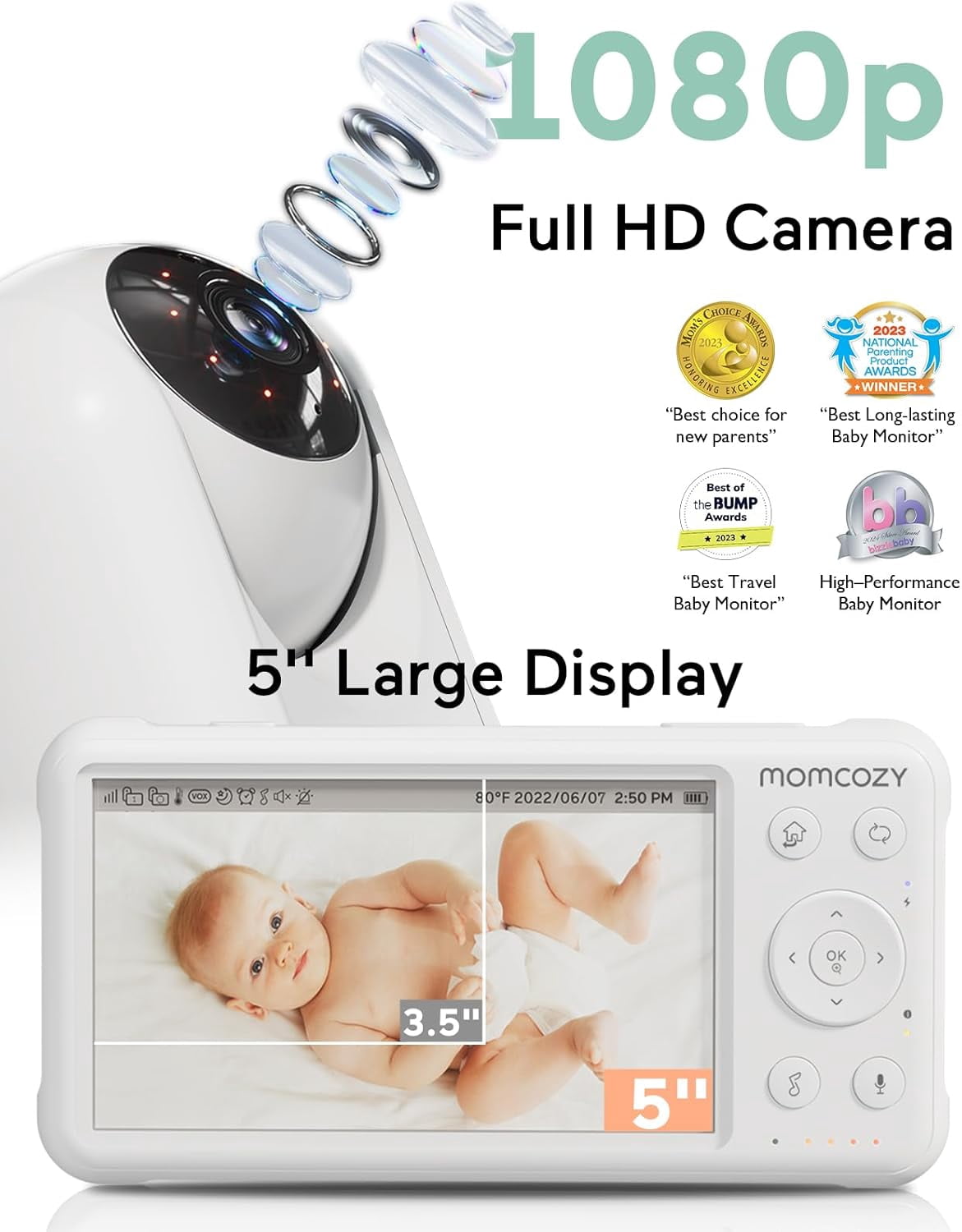Momcozy Video Baby Monitor, 5'' Display, 1080P HD, Infrared Night Vision, Long Range, 2-Way Talk