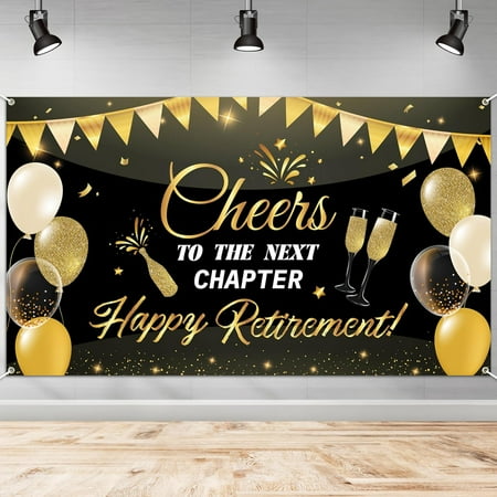 Happy Retirement Backdrop Banner Cheer to The Next Chapter Background Photo Booth, Black and Gold Retirement Celebration Party Wall Background Decorations Supplies