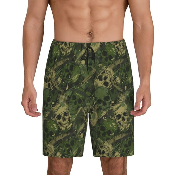 Fotbe Green Camouflage Skull Pantalones Cortos de Pijama para Hombre, Ropa de Dormir, Pantalones de Pijama Cortos para Hombre-Large