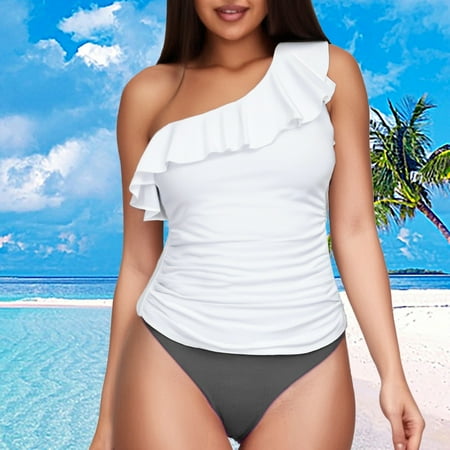 White One Piece Swimsuit Women s Two Piece Swimsuits One Shoulder Tankini Tummy Bathing Suits Ruffle Swimwear