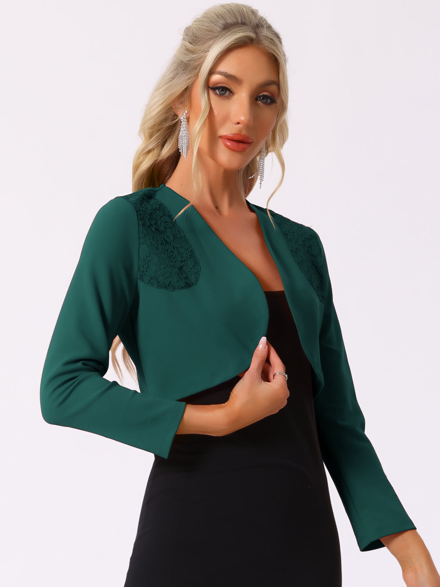 DARING DIVA Women's Elegant Bolero Shrug Lace Insert Crop Cardigan XS Dark Green