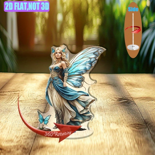 Présentoir Acrylique Rotatif avec une Fée aux Ailes Bleues et Robe de style Peint Hyper-Réaliste sur Fond Blanc