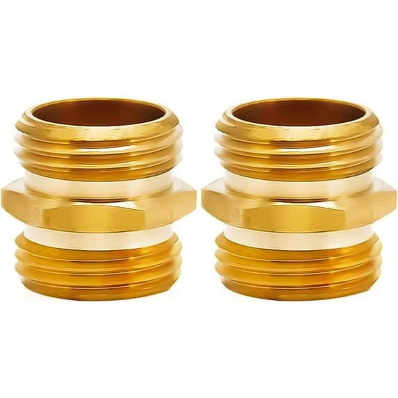 2pcs 3/4 Inch Solid Brass Garden Hose Adapter Double Male Quick Connector Heavy Duty Male To Male Hose Fitting Adapter Garden Hose Connector Repair, Gold