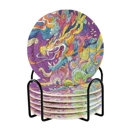

6-Pack Coiled Coasters Set with Storage Rack Heat-Resistant for Home Office or Gift Psychedelic Dragon (3.94in Diameter)