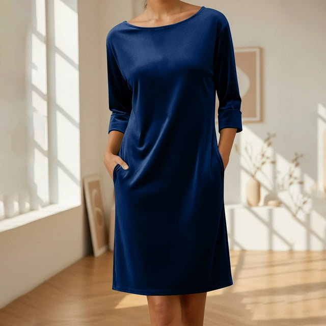 Karight Women's Velvet Dress Trendy Formal Long Sleeve Loose Casual Swing Mixi Dresses Plus Size for Daily Wear with Pockets