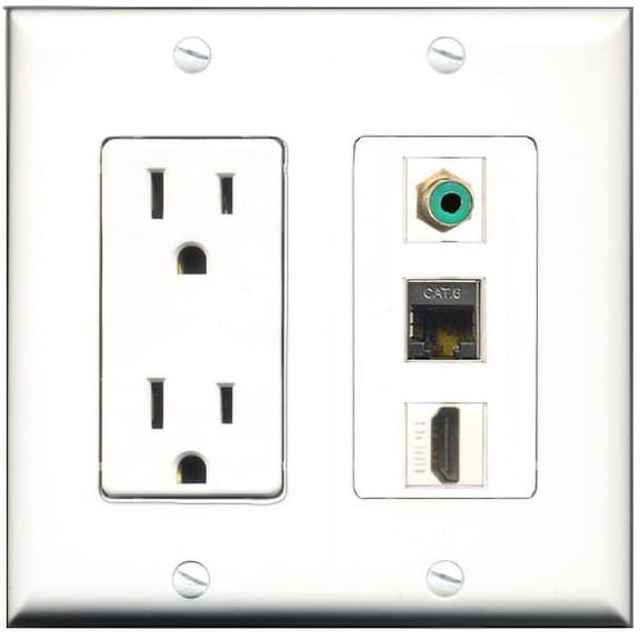 RiteAV - 15 Amp Power Outlet 1 Port HDMI 1 Port RCA Green 1 Port Shielded Cat6 Ethernet Ethernet Decorative Wall Plate