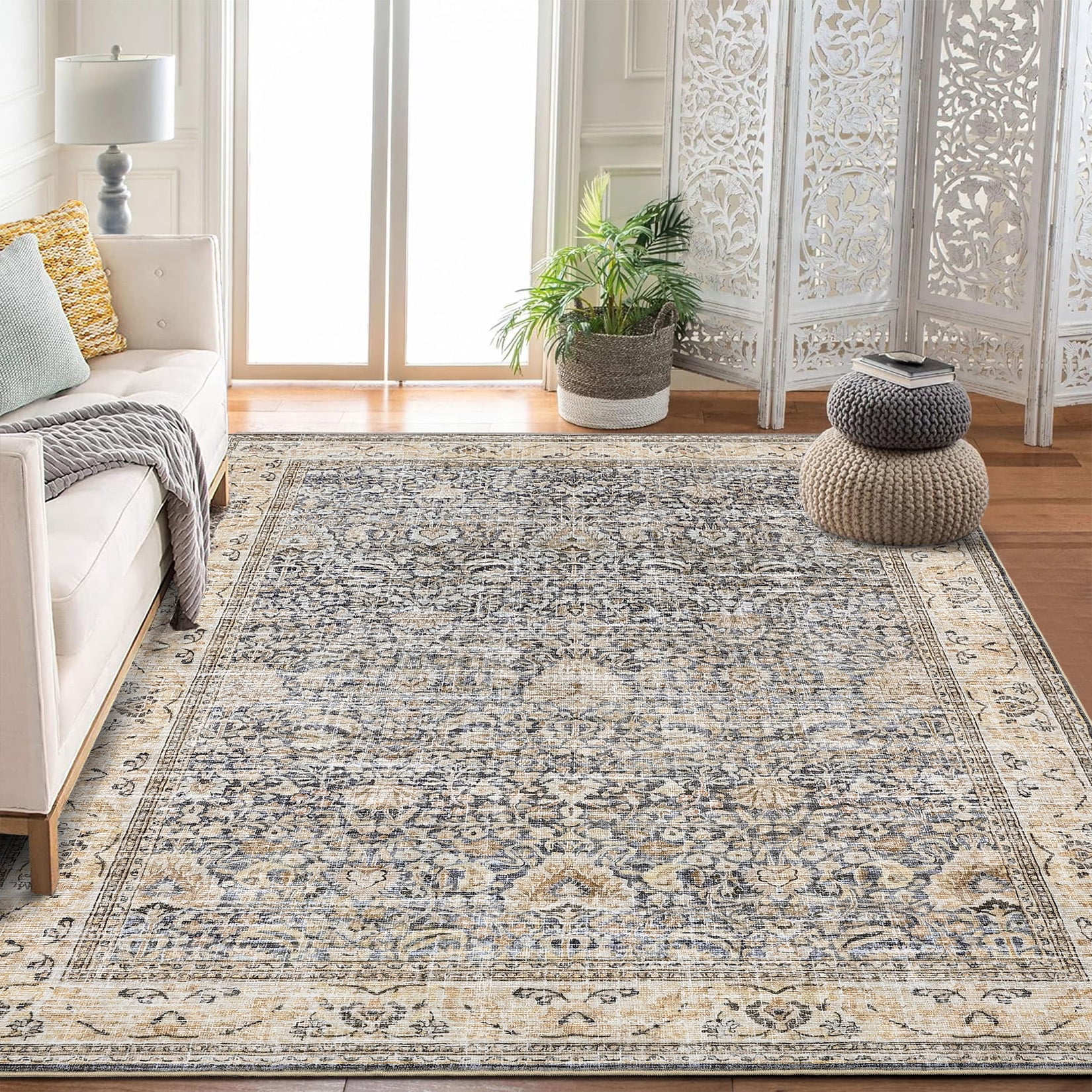 Washable Area Rugs, Beige Yellow 5'X7' Antique Distressed Large Rug for Living Room, Modern Non Slip Stain Resistant Vintage Print Accent Carpet Floor Mat for Bedroom Dining Office Farmhouse
