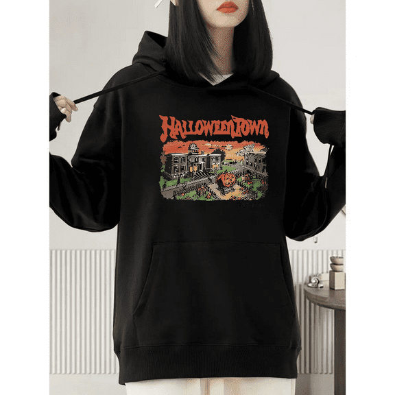 Halloween Pumpkin Scarecrow pattern T-shirt top, Hooded, long sleeve, comfortable black S-2XL