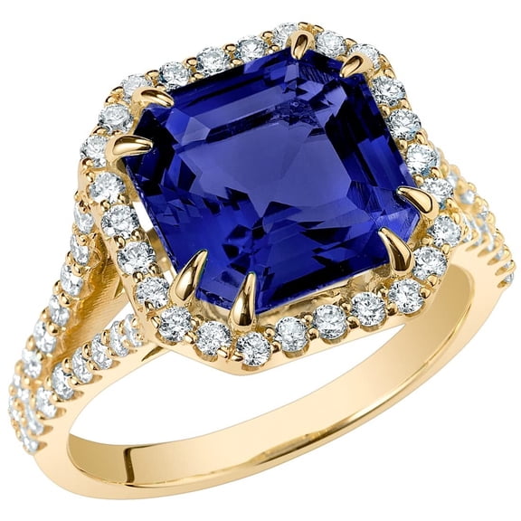PEORA 14K Yellow Gold Created Blue Sapphire and Lab Grown Diamond Ring for Women, 7.65 Carats Total, 10mm Square Emerald Cut, Size 8.5