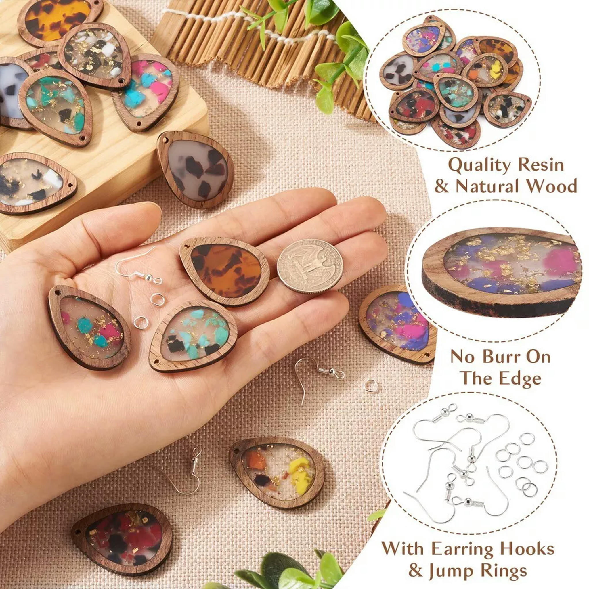 U8MO 16Pcs Teardrop Resin Wood Pendants Brass Earring Hooks DIY Earring Making Kits