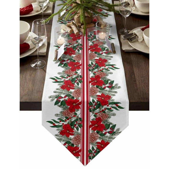 Table Runner Dresser Scarves Christmas Poinsettia Floral Pine Cone Cotton Linen Burlap Table Cover Green Leaves on White Table Runners for Family Kitchen Dining Holiday Party Banquet Decor