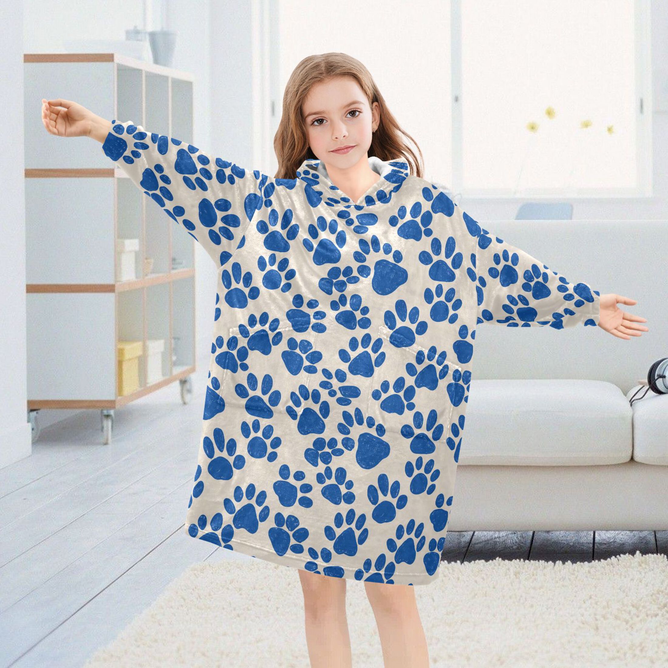Wearable Blanket Hoodie for Kids Dog Footprints Flannel Hooded Blanket with Pockets and Sleeves Suitable for Boys and Girls