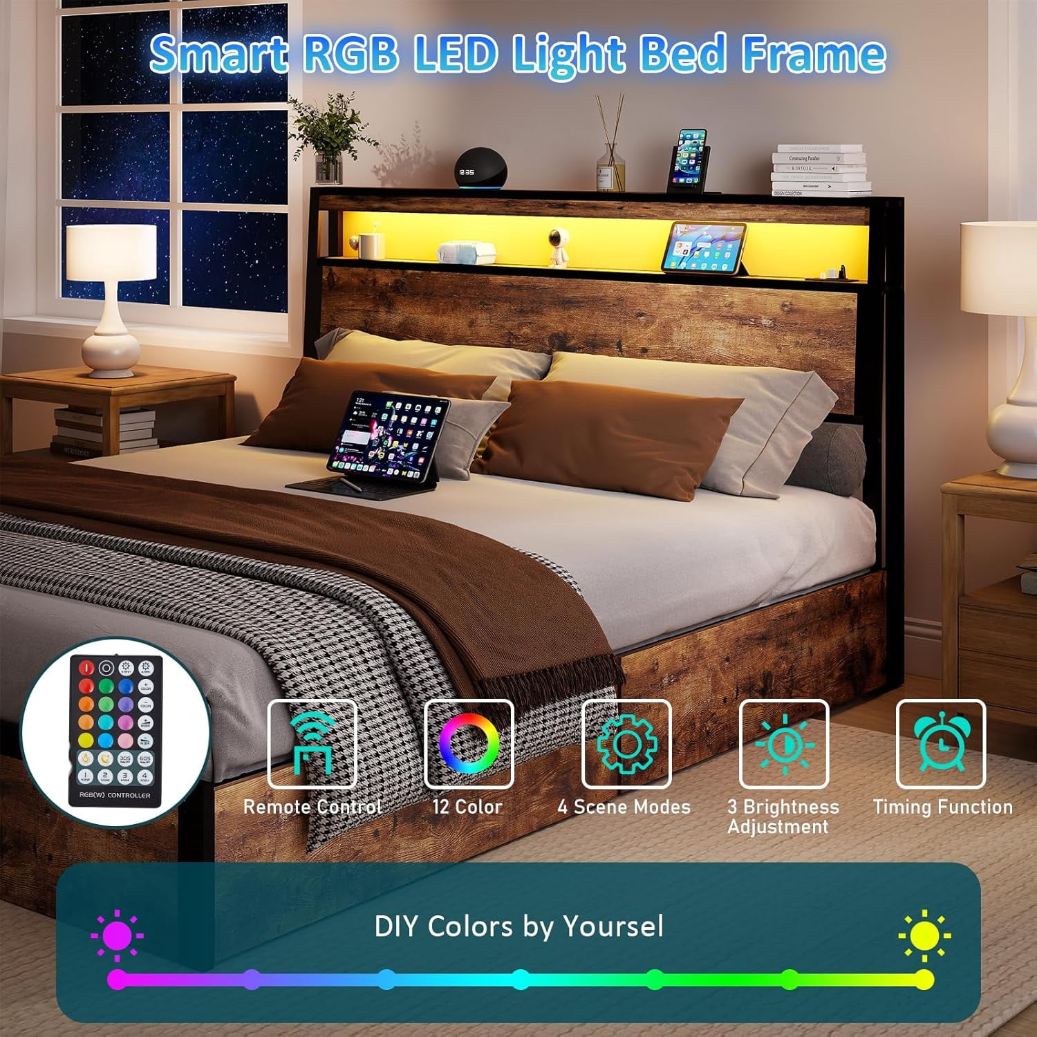 DRNANLIT King Size Bed Frame with 4 Drawers Storage, LED Bed Platform with Headboard, Charging Station, No Box Spring Needed, Vintage Brown