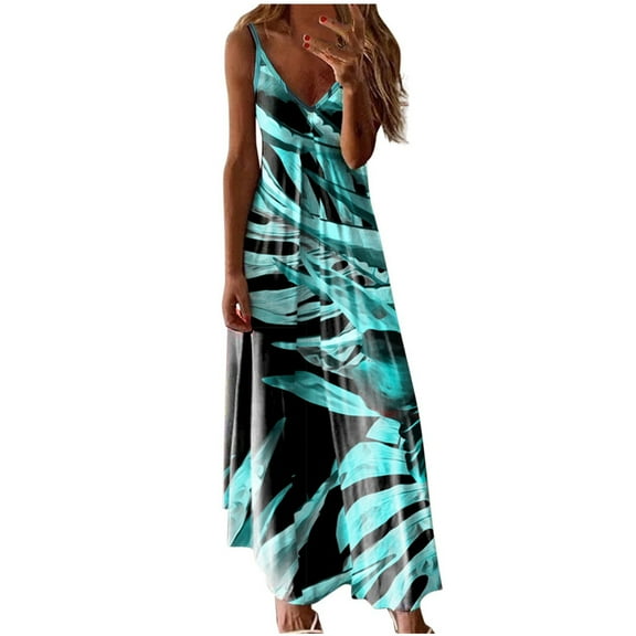 IROINNID Women's V-Neck Shift Dress Casual Sleeveless Bandage Stripe Printing Loose Vest Sling Long Dress Full-Length Dress