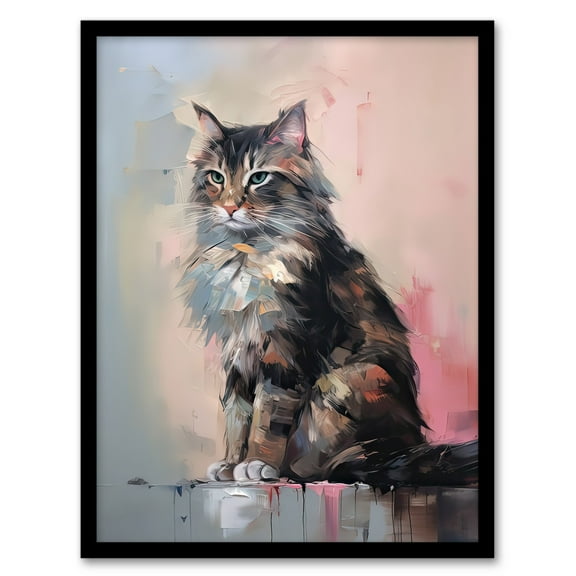 Norwegian Forest Cat Perched on Wall Oil Painting Grey Pink Brown Elegant Pet Portrait Art Print Framed Poster Wall Decor 12x16 inch