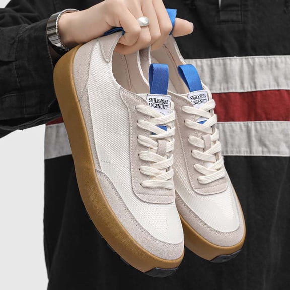 Men's Off-White Mesh & Suede Sneakers with Gum Sole, Casual Hiking-Inspired Shoes