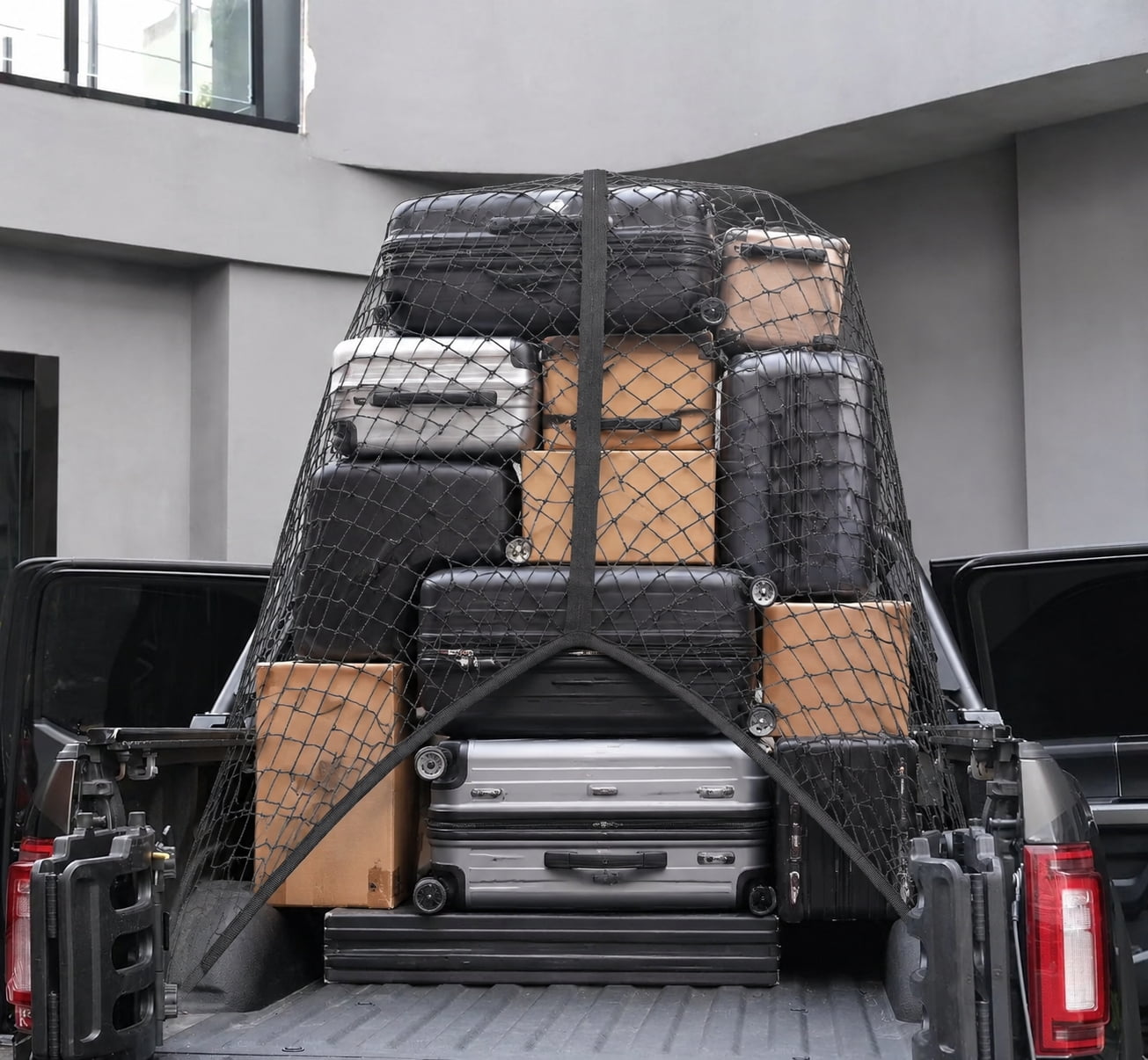 Heavy Duty Elastic Cargo Net 4'x4' (Stretches to 7'x7') , Double Layer Truck Bed Mesh Organizer for Pickup, SUV, ATV , Secures Luggage, Tools, Camping Gear , Weatherproof Bungee Tie Down Net