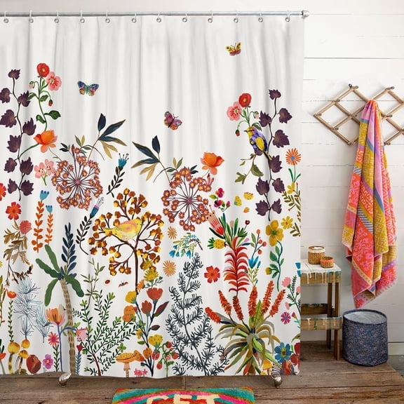 Boho Floral Shower Curtain for Bathroom,Spring Summer Vintage Wildflower Butterfly Shower Curtain with Hooks,Polyester Fabric Shower Curtains Machine Washable Waterproof Bath Decor 72" x 72"