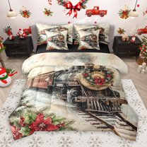 Manfei Christmas Flower 7pcs Bedding Comforter Set,Vintage Western Train Queen Bedding Sets,Red Beige Brown Queen Sheet Sets For Men Women,Microfiber Bedroom Decor Reversible