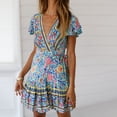 thumbnail image 4 of Xunlbb Women's Long Dress Summer Bohemian V Neck Lace Up Fashion Printed Lantern Sleeves High Waist Large Hem Dress Beach Fashion Vacation Party Holidays Casual Outfit Plsu Size, 4 of 6