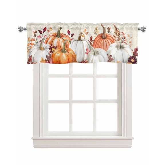 Fall White Pumpkin Kitchen Valances for Windows Farmhouse Linen Window Valance Curtain for Living Room Window Treatment Thanksgiving Orange Leaves Country Valance Rod Pocket Topper, 54 x 18 Inch