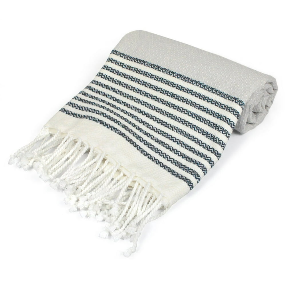 71" Navy Blue and White Striped Towel with Fringe