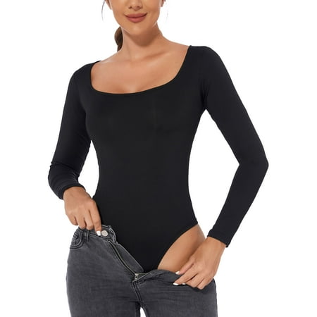Gustave Long Sleeve Square Neck Bodysuits Thong Jumpsuit Sexy Slim Fit Tops Basic T Shirts for Women Clothing  Black  XL