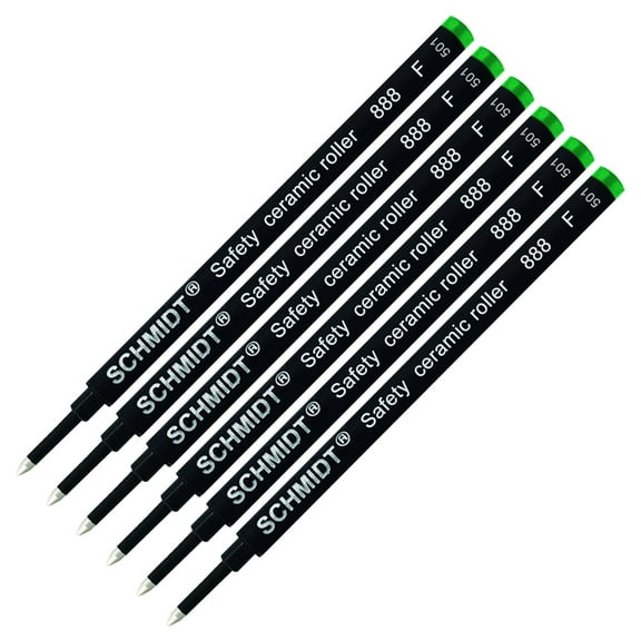 Schmidt 888 Safety Ceramic Tip Plastic Tube Rollerball Refills - Green Ink, Fine Tip, 6 Pack