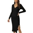 thumbnail image 1 of Vestido de suéter midi de punto ajustado con cuello en V y frente retorcido de manga larga para mujer, M, negro, 1 of 7
