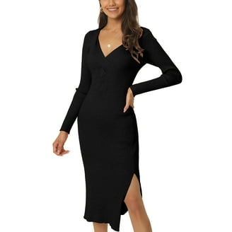 Unique Bargains Women's Deep V Neck Wrap Lantern Sleeve Belted Mini Sweater  Dress XL Black - Walmart.com